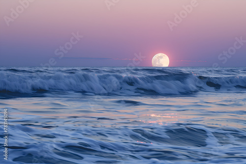 The moon shines brightly on the ocean, creating a serene and peaceful atmosphere. The waves are gently lapping at the shore, and the sky is a beautiful shade of pink and purple. Generative AI