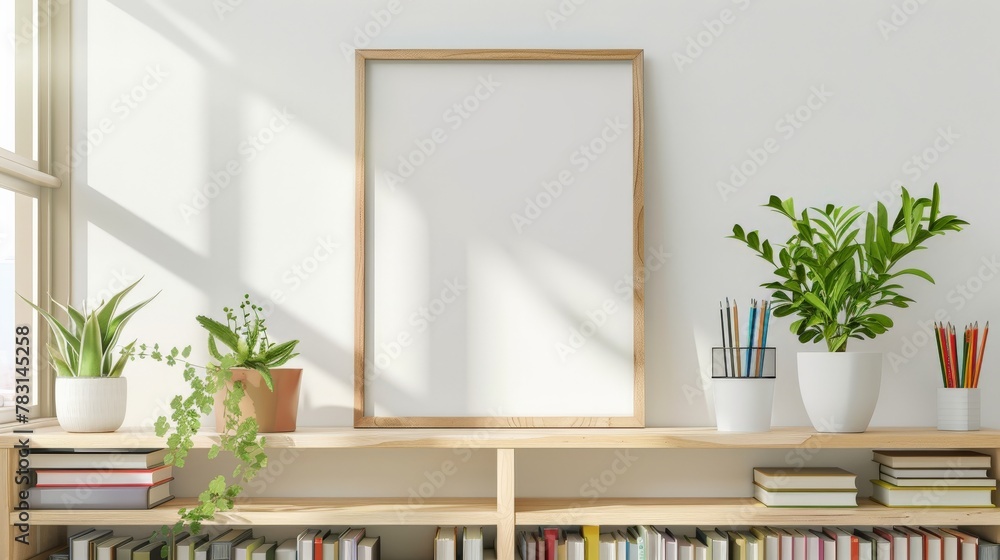 Fototapeta premium room with a window and a plant, mockup empty wooden frame 