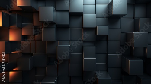 Wall of dark metal cubes in 3D industrial art style  3D rendering