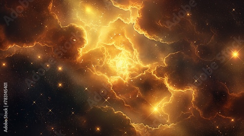 A cosmic scene with golden clouds and stars, creating an unearthly atmosphere, a nebula space made of starry gold dust