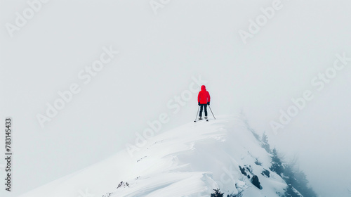 Photo of back view of skier on snow mountain, white background, minimalism, foggy weather, clean and simple design, red , distant mountains in the mist, serene atmosphere, snowy landscape, snowcover