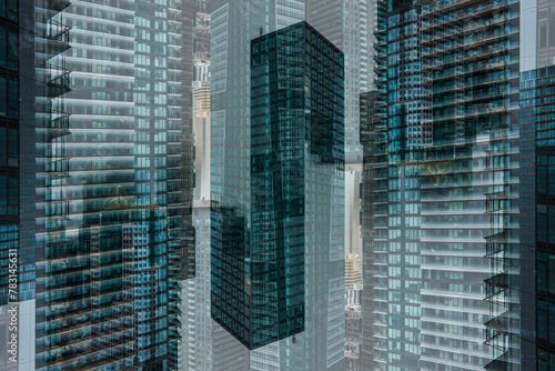 symmetry and mirrored geometry pattern  reflected skyscrapers and modern buildings abstract background  lines and tunnel futuristic technology concept