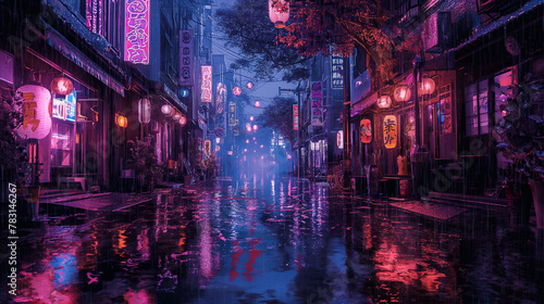 View of cyberpunk city alley in the rain. Anime background