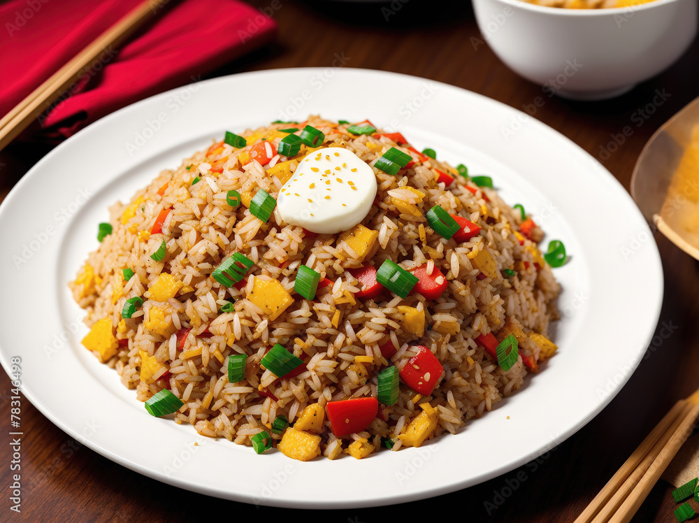 A plate of rice with vegetables and meat on it. A plate of rice with vegetables and meat on it.