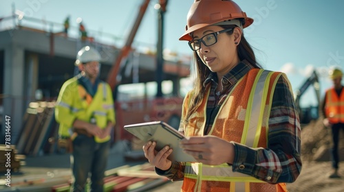 A woman wearing a safety vest and a hard hat is looking at a tablet