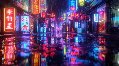 View of cyberpunk city alley in the rain. Anime background photo