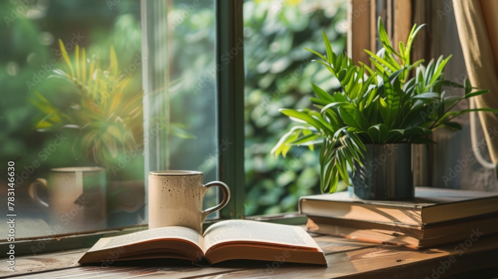A book is open on a wooden table next to a cup of coffee A book is open on a wooden table next to a cup of coffee