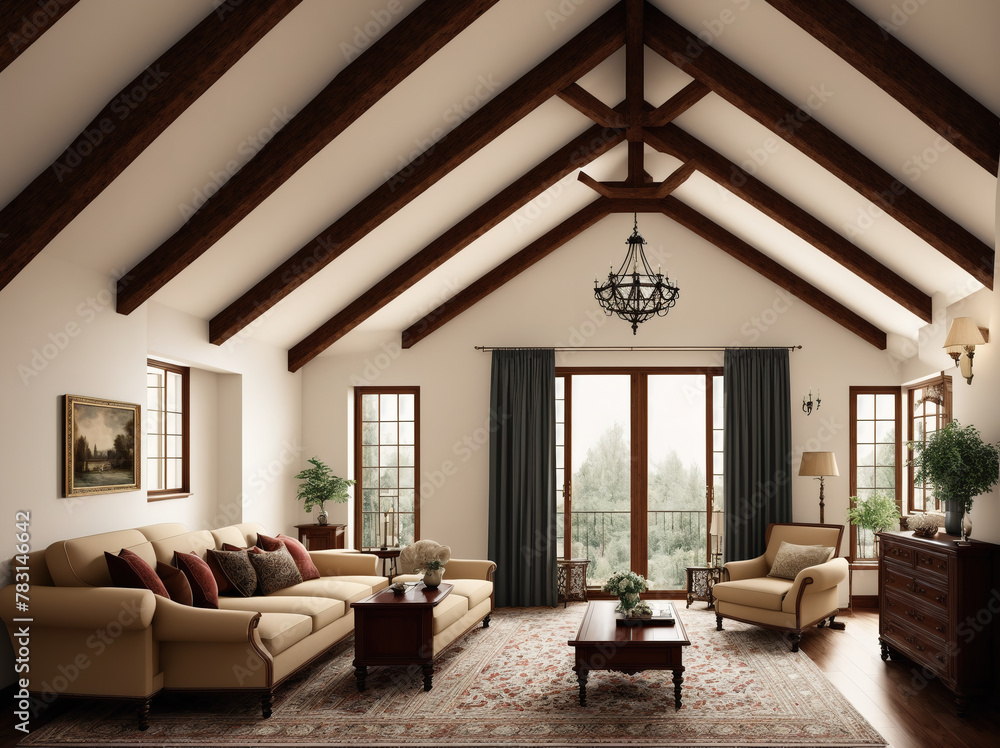 Fototapeta premium A living room with a vaulted ceiling, white walls, and hardwood floors.