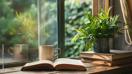 A book is open on a wooden table next to a cup of coffee