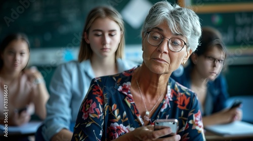 A woman with glasses is looking at her cell phone in a classroom © esp2k