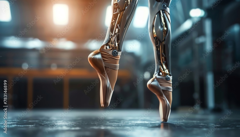 A ballerina robot with golden legs is dancing in an empty room. - obrazy, fototapety, plakaty 