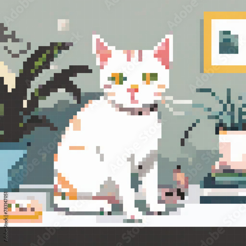 8 bit Pixel Illustration of a orange cat on the table