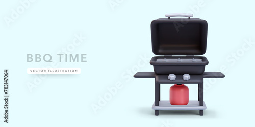 Concept of summer party picnic with realistic bbq grill isolated on light background. Vector illustration