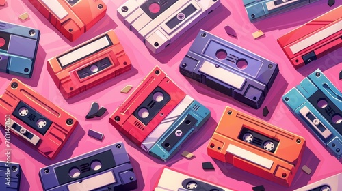Audio cassettes, mix tapes, media storage for music and sound on pink background. Vintage style analog hipster devices of eighties culture. Modern illustration. photo