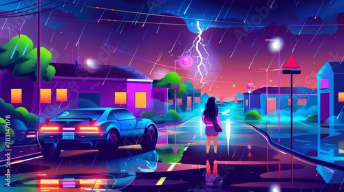 Cartoon poster with a young woman walking along an illuminated road and a car going along, showing water puddles and flashing lightning in a dark sky, illustrating a detective story.