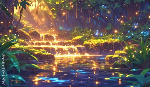 Beautiful forest stream in the woods with moss and glowing lights in the background. The scene depicts a forest stream in the woods with moss and glowing lights in the background. 