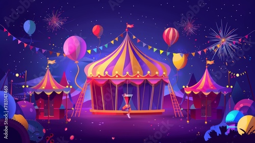 Happy child in night funfair carnival with fireworks and balloons. Cartoon landing page with circus theme, kid with cocktail in amusement park with merry-go-round carousel and roller coaster.