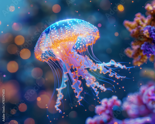 Glowing Jellyfish, Bioluminescent Tendrils, Underwater wonderland with vibrant coral reefs, sun rays filtering through the water, 3D underwater scene, Rim lighting, Bokeh effect © ZenJoul