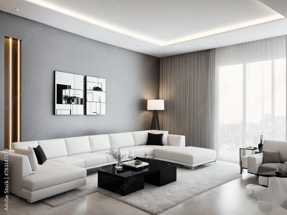 Fototapeta premium An image of a living room with white furniture and a white ceiling.