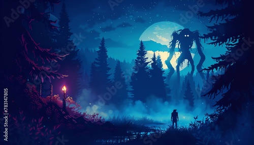 A dark forest with a bright moon. A giant monster is standing in the middle of the forest. A small human is standing on the left side of the image.