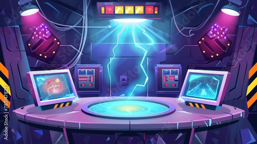 Cartoon banner of a secret project. Underground bunker or lab with glowing plasma in the vault door. Headquarters base control panel with screen and red button. Modern web header design. photo