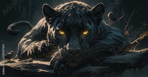 Black panther with yellow eyes in dark background photo