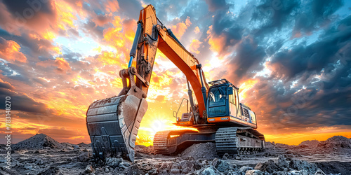 Excavator working on a construction site. Heavy duty construction equipment concept background with copy space