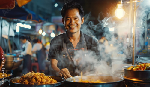 Joyful street vendor preparing food at a bustling night market. photo
