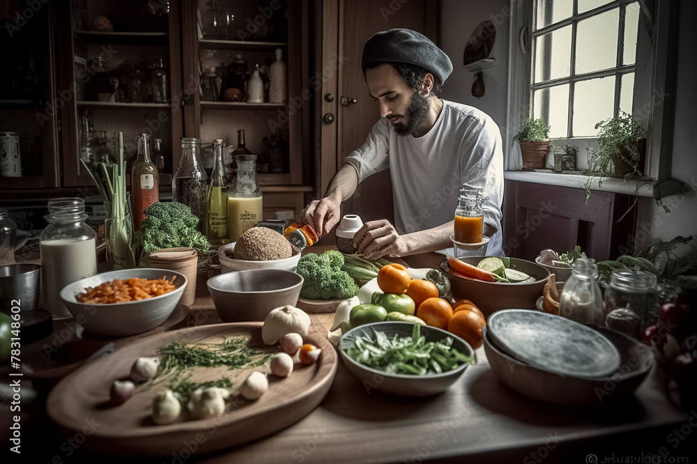 man is preparing a meal with a variety of vegetables and fruits on a table. Scene is warm and inviting, as the man is surrounded by an abundance of fresh produce man is preparing a meal with a variety of vegetables and fruits on a table. Scene is warm and inviting, as the man is surrounded by an abundance of fresh produce