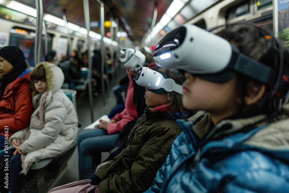 Fototapeta premium Group of children using virtual reality headsets on subway train in Toronto, Ontario, Canada immersive technology experience for young passengers