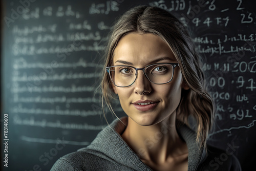 A woman wearing glasses is smiling at the camera in front of a chalkboard with equations on it
