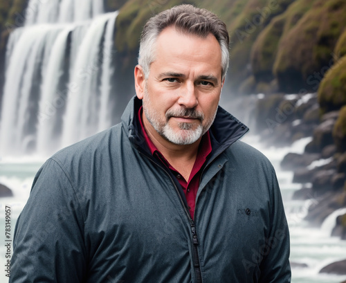 A man standing in front of a waterfall.