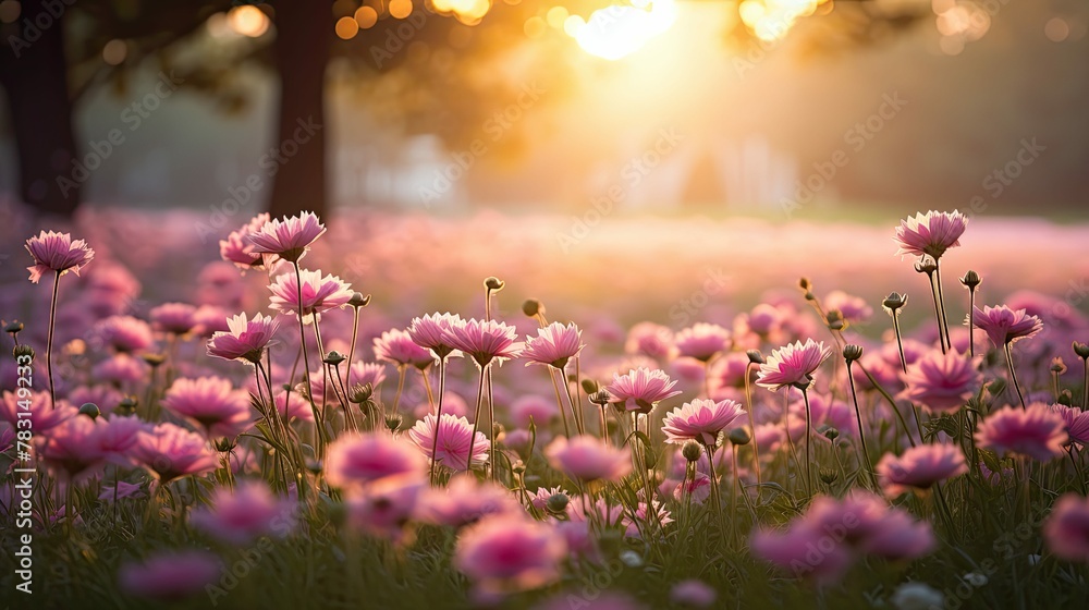 Obraz premium setting light pink flowers sun
