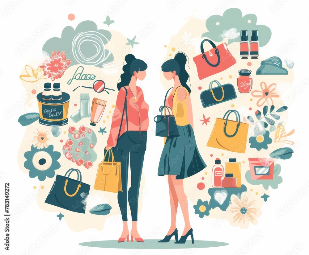 Two women are standing in front of a display of shopping bags and items. One of the women is holding a purse and the other is holding a bottle Two women are standing in front of a display of shopping bags and items. One of the women is holding a purse and the other is holding a bottle