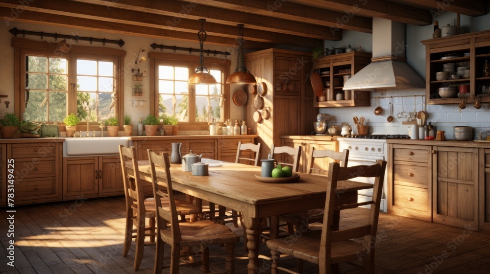Generative AI Detailed photorealism capturing a cozy farmhouse kitchen with rustic wooden cabinets and a large family dining table. photorealistic Generative AI Detailed photorealism capturing a cozy farmhouse kitchen with rustic wooden cabinets and a large family dining table. photorealistic