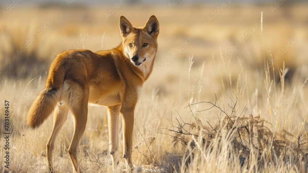 Fototapeta premium A small brown dog is standing in a dry grass field. The dog appears alert and observant, surrounded by the arid landscape of the Australian desert.