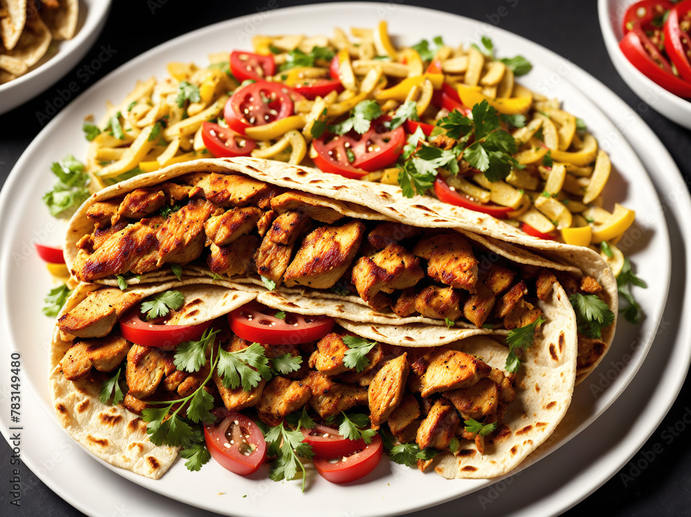A plate of chicken tacos with lettuce, tomatoes, and salsa on the side.