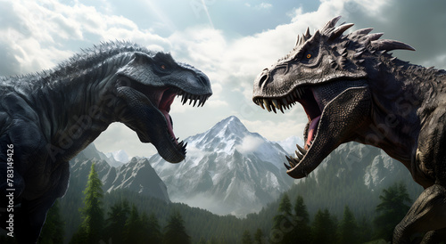 View of a where two terrifying dinosaurs face off on the side of the mountain photo
