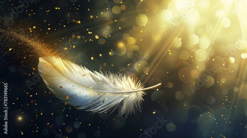 This modern design features a golden colored bird or angel quill, soft fluffy plume flying in a sun ray with white feather with gold glitter. photo