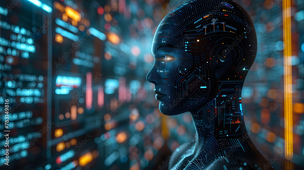 Digital illustration of an AI humanoid head with data 
