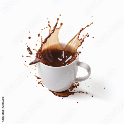 Spilling coffee from a mug on a white background
