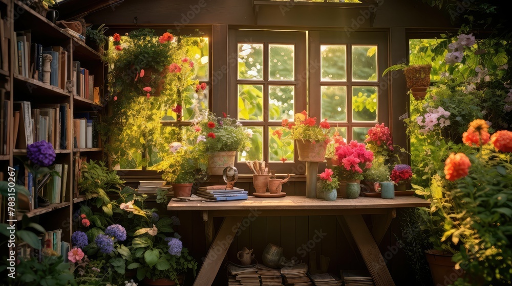 potted blurred garden shed interior