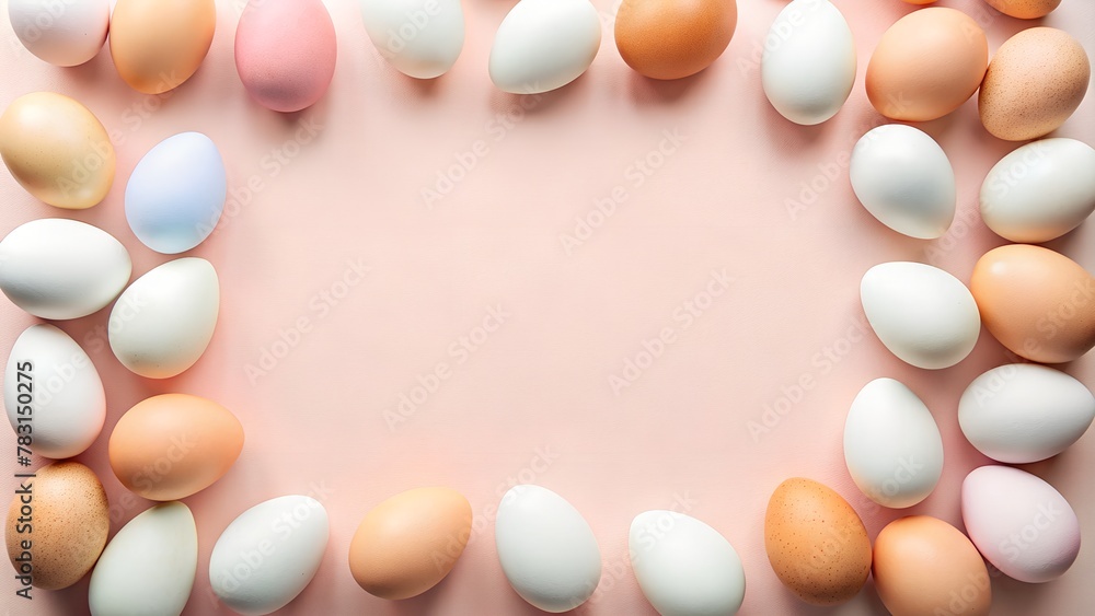 simple minimalistic background with a frame of bright Easter eggs - obrazy, fototapety, plakaty 