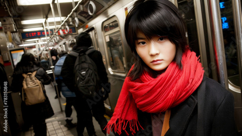 地下鉄で赤いマフラーをした少女 photo