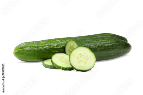 Whole and cut long cucumbers isolated on white