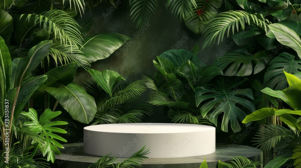 An empty round white podium on a background of tropical green plants.A platform for product demonstrations. A stage showcase. An empty round white podium on a background of tropical green plants.A platform for product demonstrations. A stage showcase.