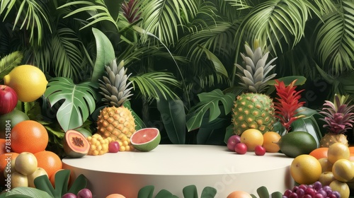 An empty round white podium on a background of tropical green plants and ripe fruits. A platform for product demonstrations. A stage showcase.