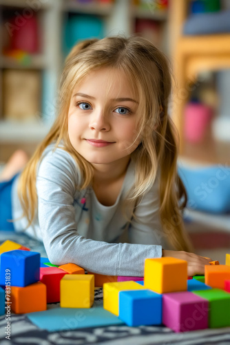 A little girl laying on the floor with blocks.