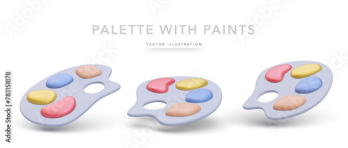 Set of realistic palette with paints isolated on white background. Vector illustration