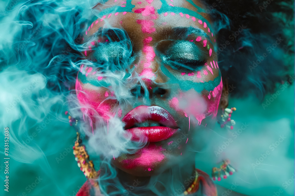 A woman with colorful makeup and smoke.